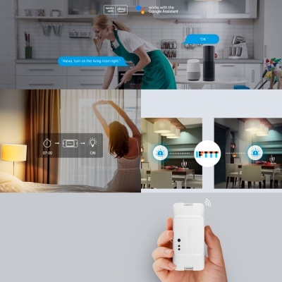 Imagem mostrando interações com dispositivos de iluminação inteligentes em diferentes ambientes domésticos