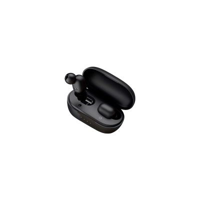 Auriculares sem fios pretos em estojo de carregamento preto aberto