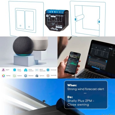 Dispositivo Shelly Plus 2PM, esquemas de cortinas, dispositivos Alexa, telemóvel com app, portátil com gráficos e mensagem azul de alerta de vento forte.