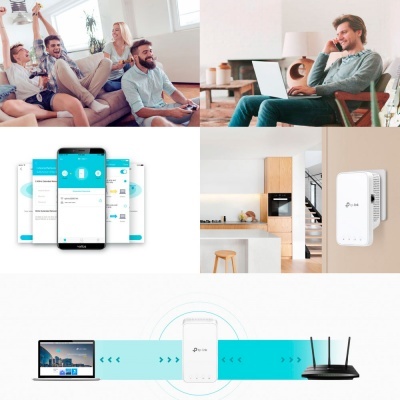 Dispositivo TP-LINK branco montado numa parede em ambiente doméstico, com imagens de pessoas a usar tecnologia e gráficos de conectividade