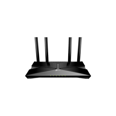 Roteador sem fios preto com quatro antenas verticais e luzes LED verdes