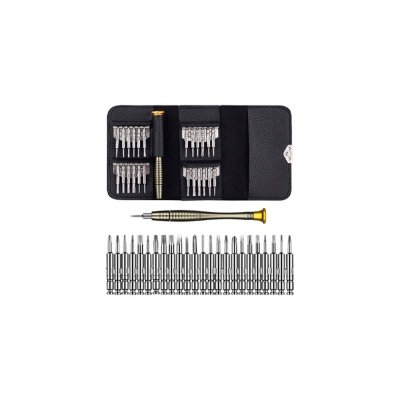 Conjunto de ferramentas de precisão com pontas e cabo dourado dentro de bolsa preta