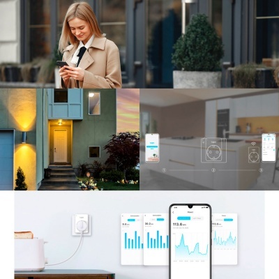 Montagem de imagens mostrando uso de monitorização de energia residencial via smartphone e tomada inteligente
