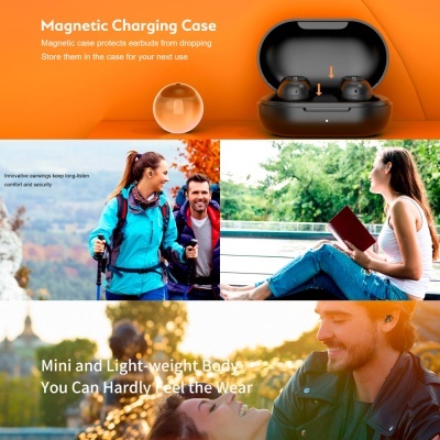 Caixa preta de carregamento magnético para auriculares sem fios num fundo laranja, com imagens de pessoas ao ar livre e texto em inglês.