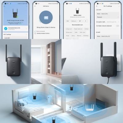 Dispositivo Wi-Fi Range Extender AC1200 preto com duas antenas numa parede, ecrãs de configuração em smartphone, ilustração de cobertura Wi-Fi em divisões