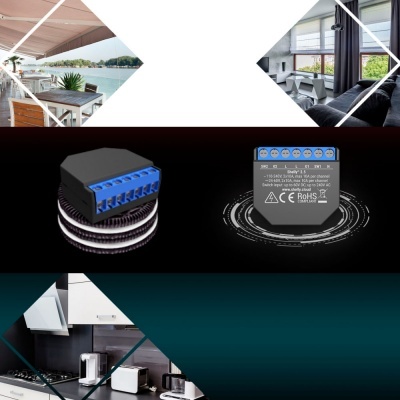 Dispositivo eletrônico preto com terminais azuis e cabo metálico em fundo preto