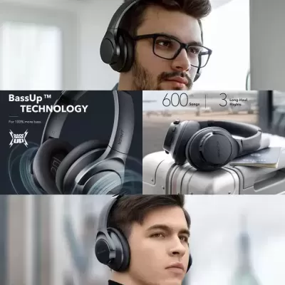 Headphones pretos com detalhes acolchoados e textos promocionais colocados em uma colagem de imagens.