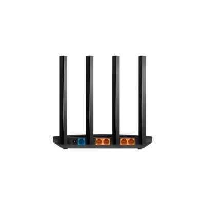 Roteador wireless preto com quatro antenas verticais e portas coloridas