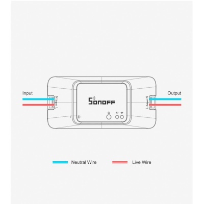 Módulo Sonoff branco com fios azul e vermelho e texto explicativo