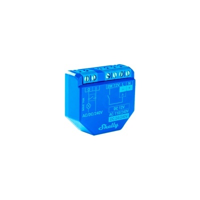 Relé Shelly azul para automação residencial com conexões e texto técnico