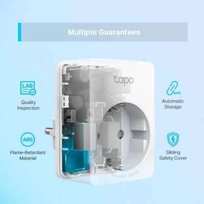 Ficha elétrica branca tapo com visualização interna e ícones de características