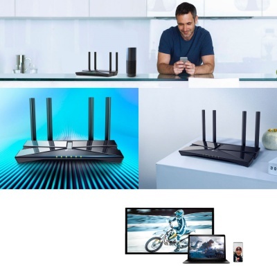 Roteador Wi-Fi preto com quatro antenas em superfície branca, imagem composta com pessoa e dispositivos digitais.