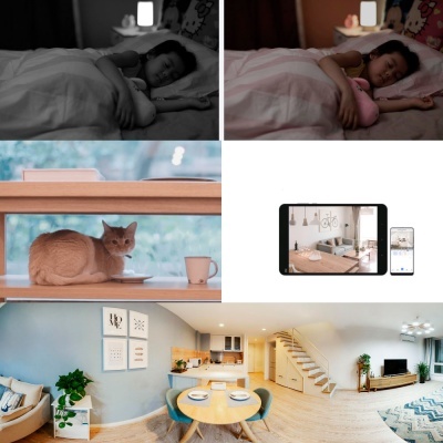 Colagem de imagens com crianças a dormir, gato na janela, dispositivos com imagens de interiores, sala de jantar e cozinha moderna