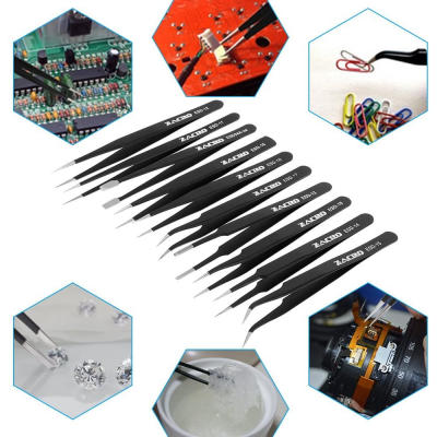 Conjunto de nove pinças pretas de precisão com pontas diferentes e texto ZACLD, usadas em trabalhos delicados