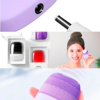 Dispositivo de limpeza facial em silicone roxo com embalagem e mulher a usar