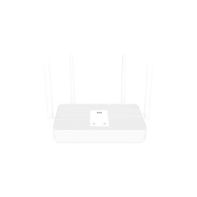 Roteador Wi-Fi branco com quatro antenas e luzes LED azuis