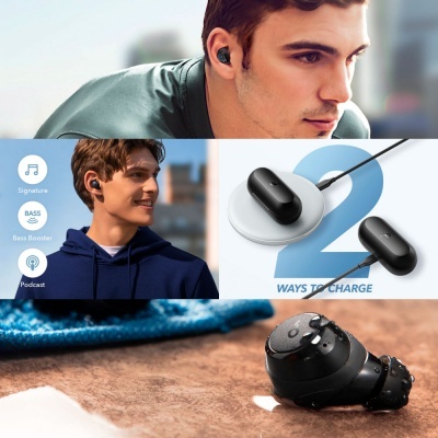 Auriculares Bluetooth pretos, carregamento sem fios e por cabo, usados por homens.