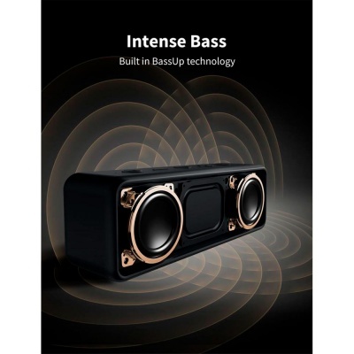 Coluna sonora preta com detalhes dourados e texto promocional sobre intensidade de som