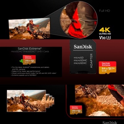 Cartão de memória SanDisk Extreme microSDXC com adaptador e cenas de bicicleta de montanha em 4K
