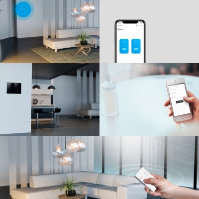 Montagem de imagens de sala moderna com sofá branco, mesa de centro, interruptores e controlo de luzes por telemóvel e comando remoto