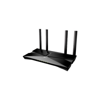 Roteador Wi-Fi preto com quatro antenas e indicadores luminosos