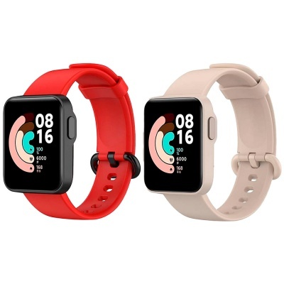 Dois relógios inteligentes com braceletes coloridas vermelho e bege claro