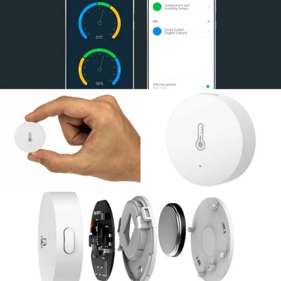 Sensor de temperatura branco redondo com ícone de termómetro e componentes desmontados, interface digital com gráficos.