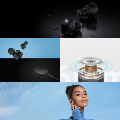 Auscultadores intra-auriculares pretos, estação de carregamento e mulher a usar auscultadores ao ar livre