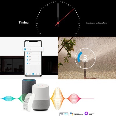 Colagem mostrando relógio, smartphone com app, sistema de irrigação ativo, altifalantes inteligentes e interruptor para controlo doméstico