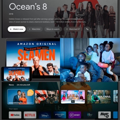 Interface de streaming com filmes, séries, apps e informações de tempo e notícias