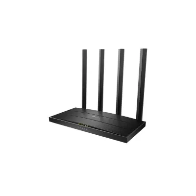 Router Wi-Fi preto com quatro antenas verticais e luzes indicadoras