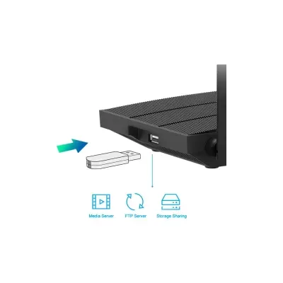 Canto de router preto com porta USB e ícones de funções de servidor