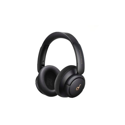 Headphones over-ear pretos com detalhe dourado e almofadas confortáveis