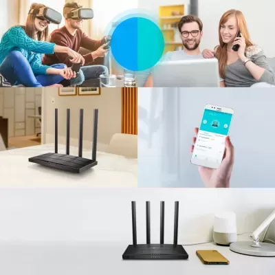 Roteador Wi-Fi preto com quatro antenas em ambiente doméstico moderno