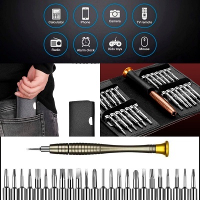 Conjunto de ferramentas de precisão com cabo dourado e múltiplos bits prateados em estojo preto.