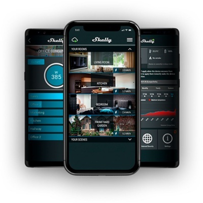 Três smartphones com aplicação Shelly mostrando controlo de divisões e consumo energético