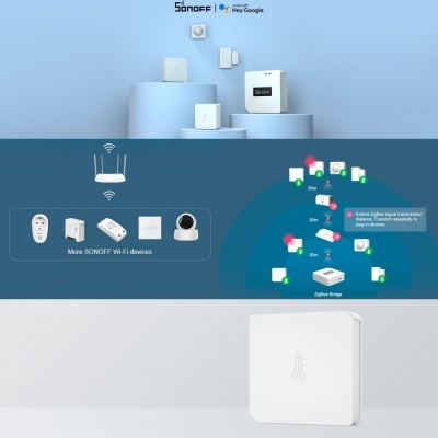 Produtos eletrónicos Sonoff brancos em superfícies azuis com gráficos de rede e texto de marca