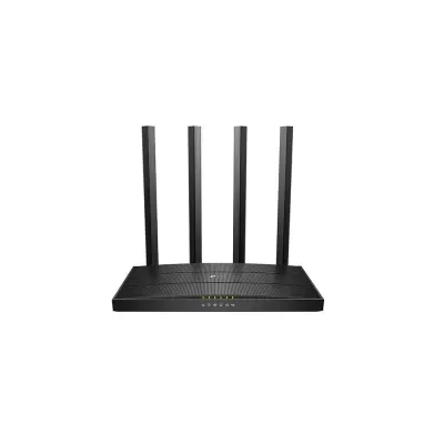 Roteador Wi-Fi preto com quatro antenas verticais e indicadores LED