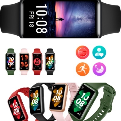 Smartwatches retangulares coloridos com pulseiras variadas e mostradores digitais