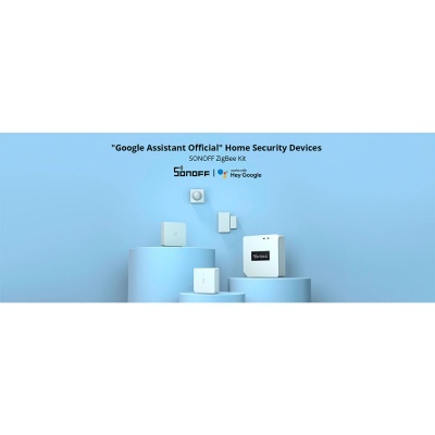 Dispositivos de segurança SONOFF em azul claro com texto