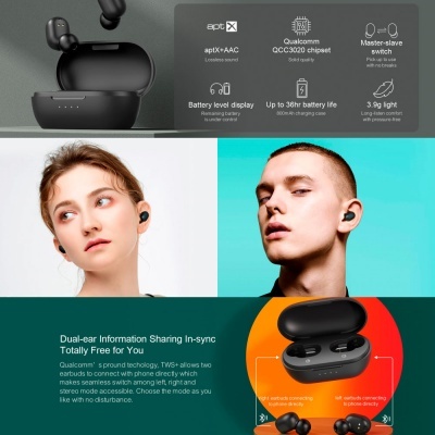 Auscultadores sem fios pretos com estojo, texto técnico e modelos a usar