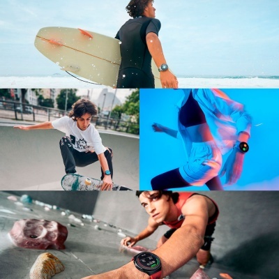 Quatro imagens com pessoas praticando surf, skate, dança e escalada, todas usando relógios inteligentes.