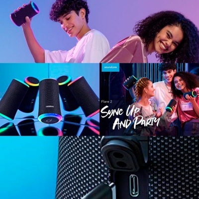 Colunas portáteis Soundcore Flare 2 LED preto com iluminação colorida, jovens a usá-las, texto promocional