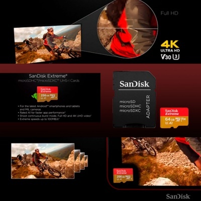 Cartão de memória SanDisk Extreme 64 GB microSDXC com adaptador SD em fundo preto com detalhes em vermelho e texto sobre uso e desempenho