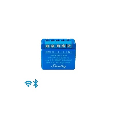 Módulo elétrico azul Shelly Plus 1 Mini com texto técnico e ícones Wi-Fi e Bluetooth
