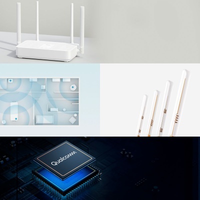 Roteador branco com antenas, chip Qualcomm e representação de sinal Wi-Fi em ambiente claro