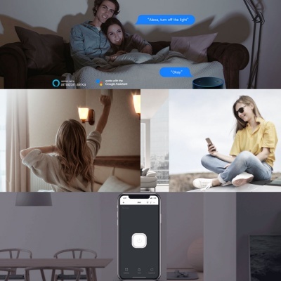 Casal no sofá, mulher esticando braço na cama, mulher sentada ao ar livre com telemóvel, e telemóvel com app de controlo de luzes.