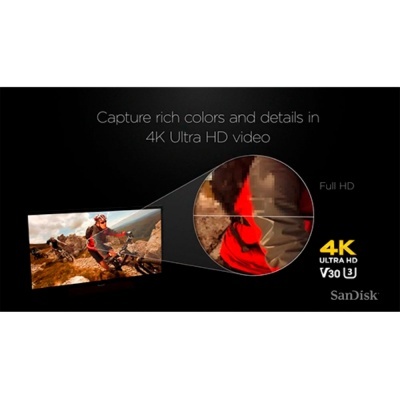 Imagem promocional 4K Ultra HD da SanDisk com texto e imagem ampliada demonstrando detalhes do vídeo