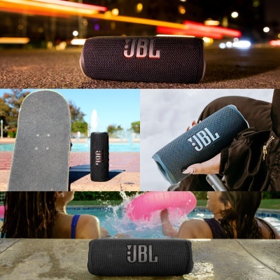 Colunas portáteis JBL em vários ambientes exteriores, com tecido preto e azul e logo branco