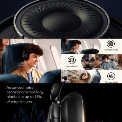 Auscultadores negros com tecnologia de cancelamento de ruído e modos de uso variados